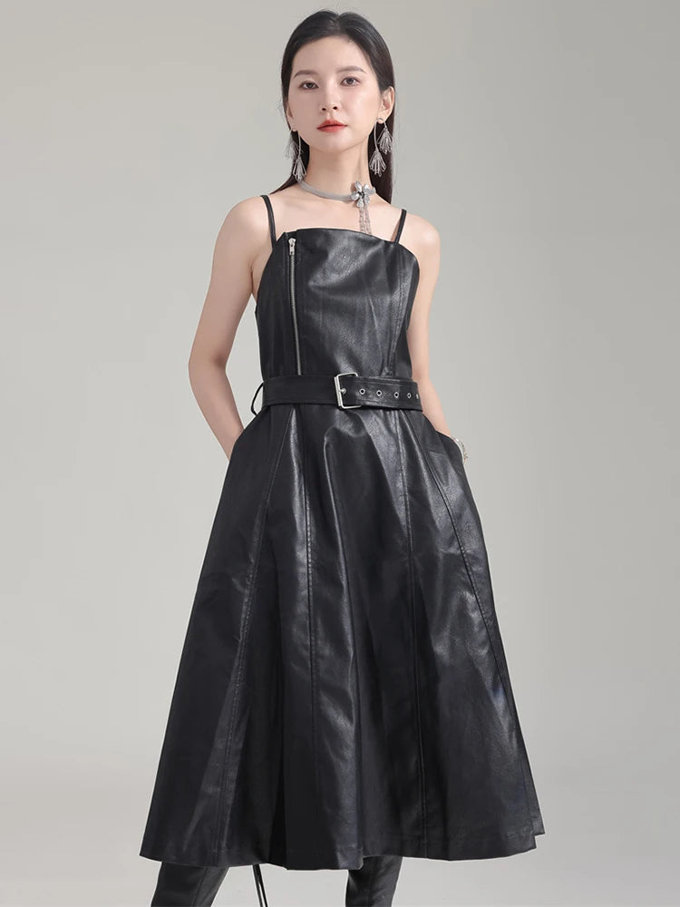Women Black Pu Leather Belted Long A-line Dress New V-Neck Sleeveless Loose Fit Fashion Tide Spring Autumn 2025 1DH2000