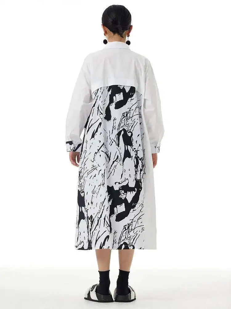 Women White Pattern Printed Big Size Casual Shirt Dress New Lapel Long Sleeve Fashion Tide Spring Autumn 2025 1DH4823