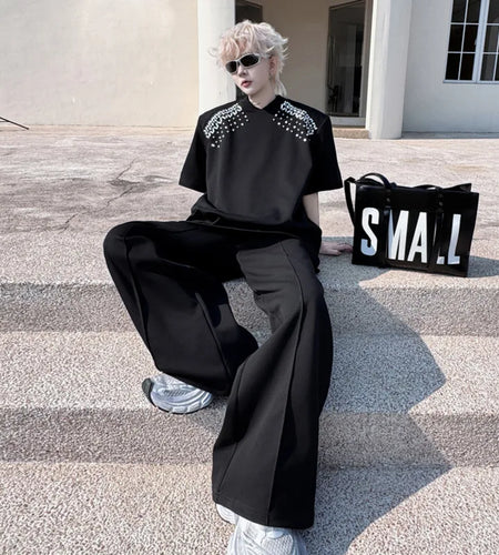 Men's Pants Set New Summer Handmade Nail Diamond Style Short Sleeve T-shirt Wide Leg Casual Pants Menwear Male Suit 9W1503