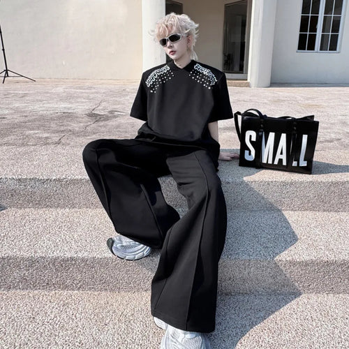 Load image into Gallery viewer, Men's Pants Set New Summer Handmade Nail Diamond Style Short Sleeve T-shirt Wide Leg Casual Pants Menwear Male Suit 9W1503
