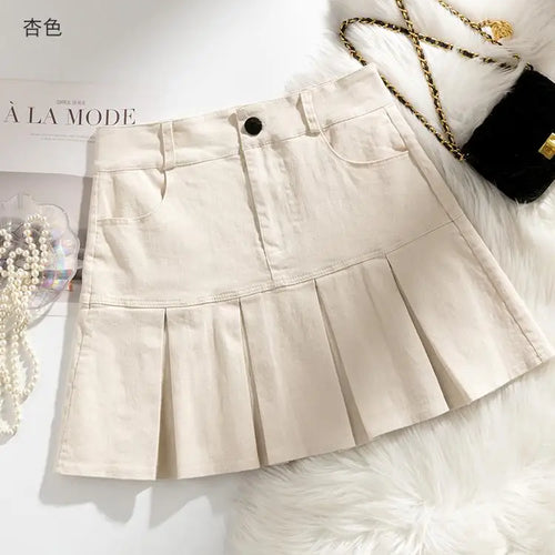 Load image into Gallery viewer, Korean Women's Denim Pleated Skirt Sexy Slim Mini Skirts Woman Summer Solid Color High Waist A-line Wrapped Short Skirt Simple
