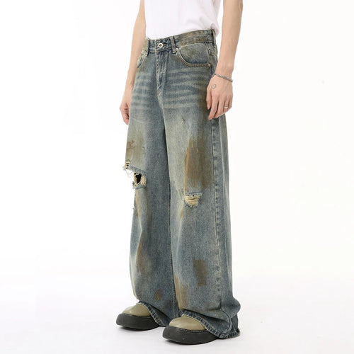 Load image into Gallery viewer, Summer Male Denim Pants Worn-out Hole Contrast Color Straight Wide Leg Casual Men&#39;s Denim Pants High Street 9C6605
