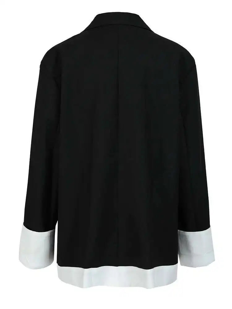 Women Black Coolor-block Big Size Casual Blazer New Lapel Long Sleeve Loose Jacket Fashion Tide Spring Autumn 2025 1DF6379