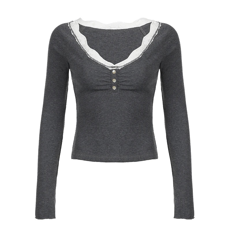 Fashion Lace Trim Knitted Autumn T-shirts Gentle Mature Deep V-Neck Long Sleeve Top Tee Button Skinny Women's Clothes