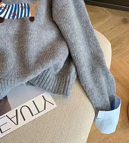 Korean Gray Elegant Embroidery Pullover Sweater 2024 Autumn Winter Women Holiday Long Sleeve Knitwear Casual Tops Fashion Trend