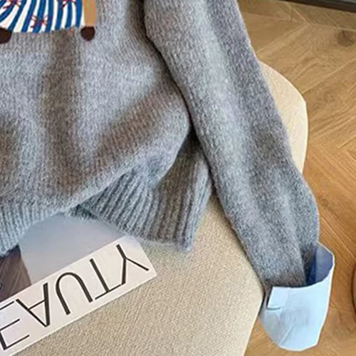 Load image into Gallery viewer, Korean Gray Elegant Embroidery Pullover Sweater 2024 Autumn Winter Women Holiday Long Sleeve Knitwear Casual Tops Fashion Trend
