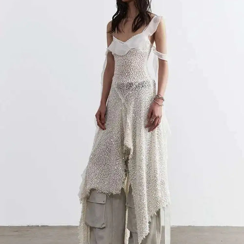 Load image into Gallery viewer, Women Beige Burr Perspective Sequins Irregular Long Spaghetti Strap Dress New Fashion Tide Spring Autumn 2025 1DH4725
