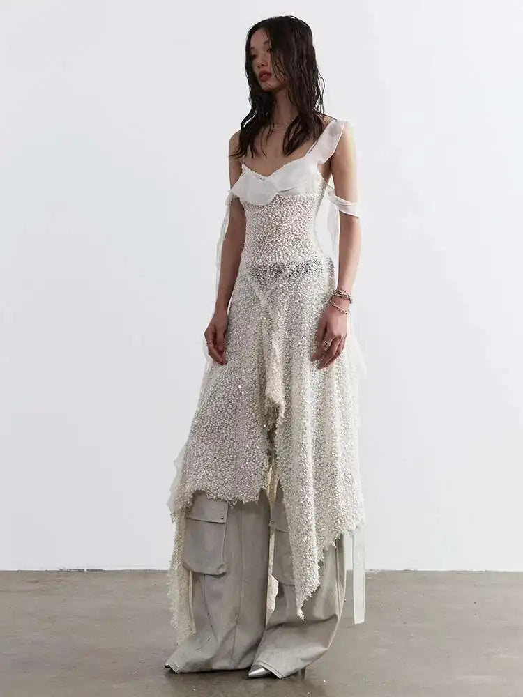 Women Beige Burr Perspective Sequins Irregular Long Spaghetti Strap Dress New Fashion Tide Spring Autumn 2025 1DH4725