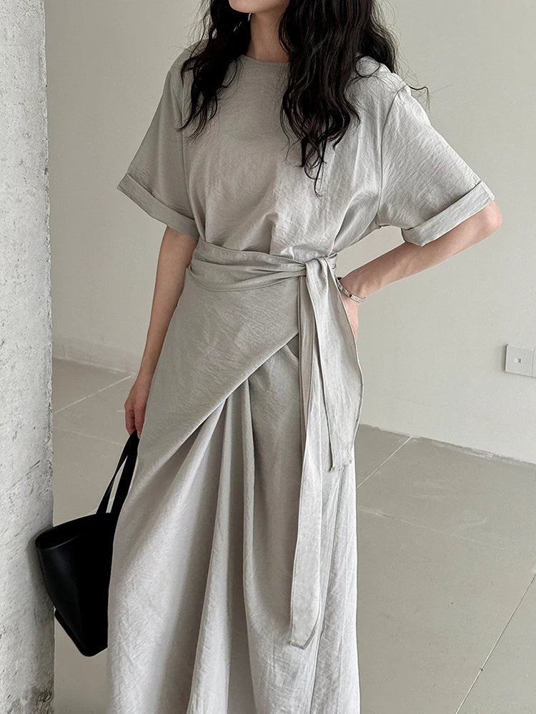 Women Navy Blue Cross Bandage Big Size Elegant Midi Dress New Round Neck Short Sleeve Fashion Spring Summer 2025 1DJ1359