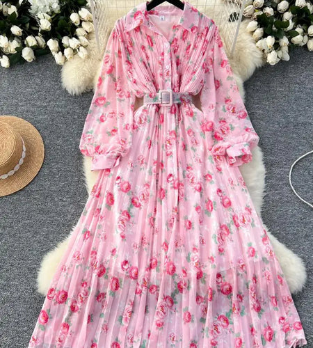 French Retro Romantic Women's Flower Lantern Long Sleeved Pleated Shirt Dress Autumn Print Birthday Party Evening Dress Bohemian