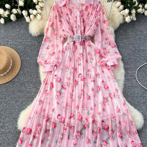 Load image into Gallery viewer, French Retro Romantic Women's Flower Lantern Long Sleeved Pleated Shirt Dress Autumn Print Birthday Party Evening Dress Bohemian
