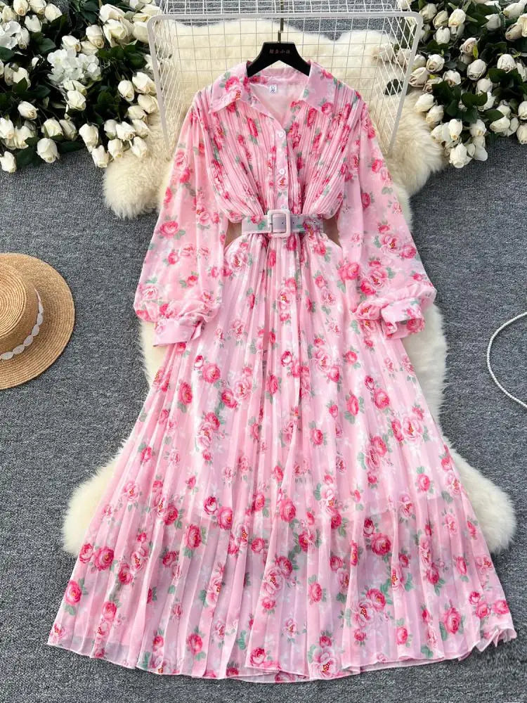 French Retro Romantic Women's Flower Lantern Long Sleeved Pleated Shirt Dress Autumn Print Birthday Party Evening Dress Bohemian
