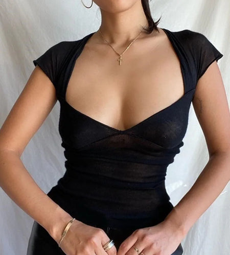 Square Collar Summer Sexy Backless Tops for Women Cropped Short Sleeve Elegant Top Tees Skinny Streetwear Clothes