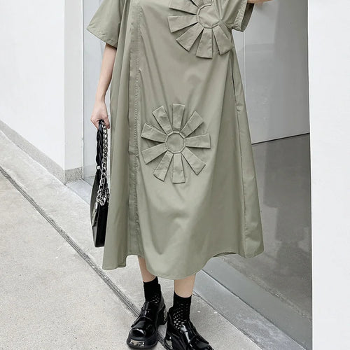 Load image into Gallery viewer, Women Green Flower Spliced Big Size Shirt Dress New Round Neck Short Sleeve Fashion Tide Spring Autumn 2025 1DH9678
