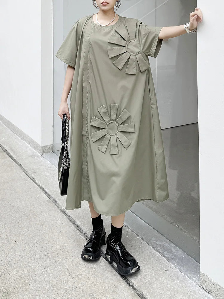 Women Green Flower Spliced Big Size Shirt Dress New Round Neck Short Sleeve Fashion Tide Spring Autumn 2025 1DH9678