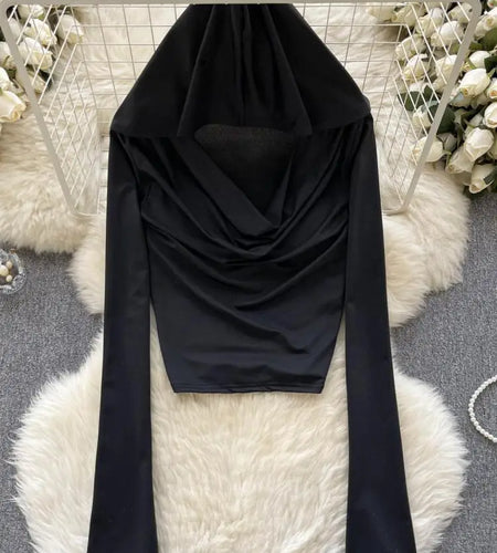 Black Casual Street Style Slim Long Sleeved Ruched Hooded T-shirt Women's Simple Basic Pullover Cropped Tops Fashion Popular New