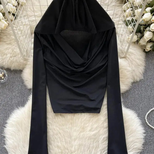 Load image into Gallery viewer, Black Casual Street Style Slim Long Sleeved Ruched Hooded T-shirt Women's Simple Basic Pullover Cropped Tops Fashion Popular New
