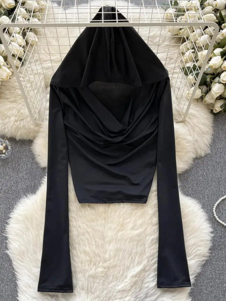 Black Casual Street Style Slim Long Sleeved Ruched Hooded T-shirt Women's Simple Basic Pullover Cropped Tops Fashion Popular New