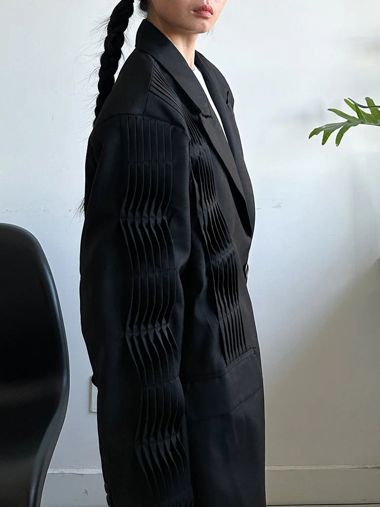 Women Black Pleated Shaped Big Size Elegant Blazer New Lapel Long Sleeve Jacket Fashion Tide Spring Autumn 2025 1DH9563