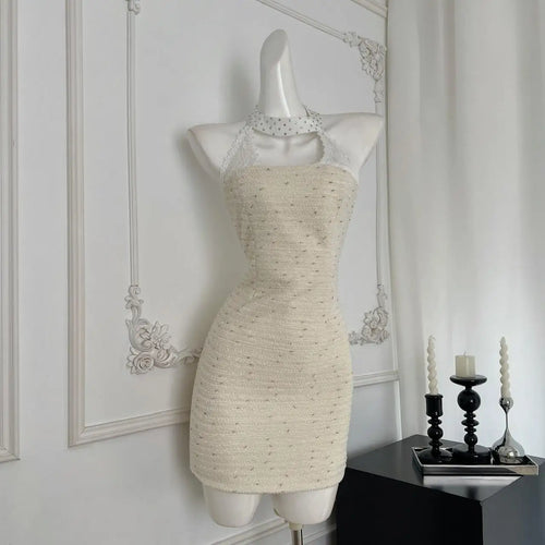 Load image into Gallery viewer, Summer Women Beige Sleeveless Temperament Hollow Out Halter Short Dress French Vintage Elegant Festival Backless Chic Mini Dress
