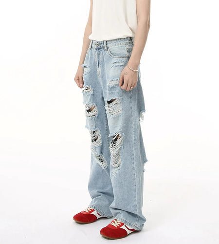 Men's Jeans New American High Street Style Personalized Hole Design Distressed Straight Wide Leg Male Denim Pants 9W1835
