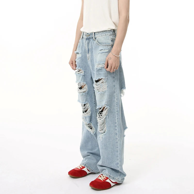 Men's Jeans New American High Street Style Personalized Hole Design Distressed Straight Wide Leg Male Denim Pants 9W1835