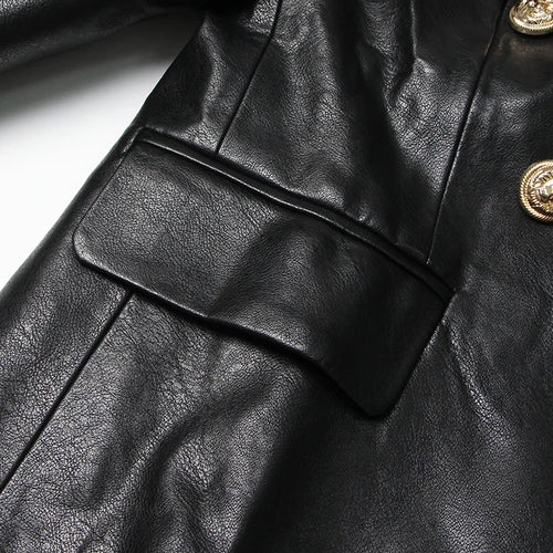 Load image into Gallery viewer, Spliced Pockets Leather Blazer For Women Notched Collar Long Sleeve Patchwork Double Breasted Chic Coats Female New
