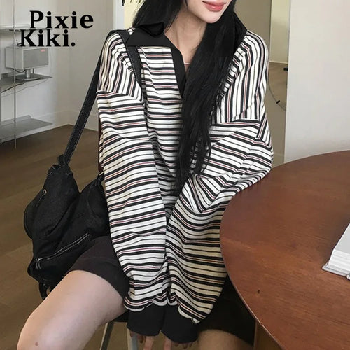 Load image into Gallery viewer, Striped Pullovers Turn-down Collar Long Sleeve Tees Cozy Hoodies Sweatshirts Fall Winter Clothes Women 2024 P84-DC25
