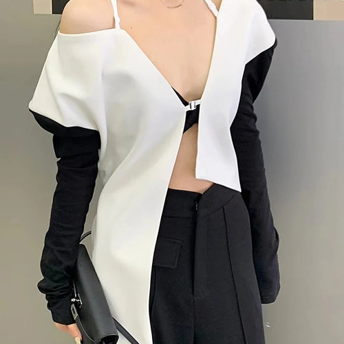 Load image into Gallery viewer, Sexy Asymmetrical Hem Shirt For Women V Neck Long Sleeve Off Shoulder Blouses Female Fashion Clothes Style
