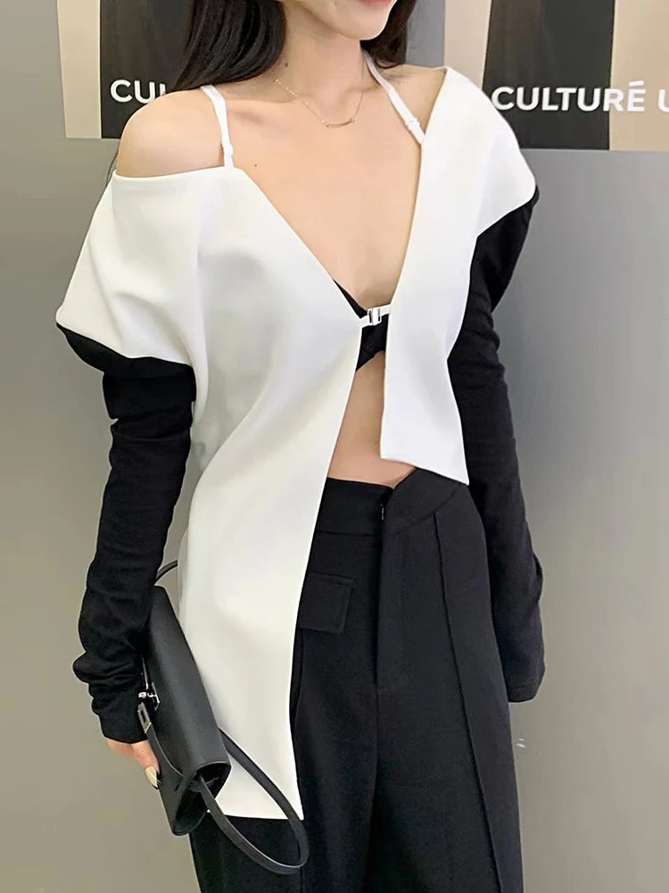 Sexy Asymmetrical Hem Shirt For Women V Neck Long Sleeve Off Shoulder Blouses Female Fashion Clothes Style