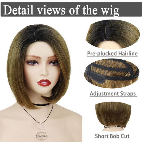 Load image into Gallery viewer, Short Womens Bob Wigs,Ombre Brown Color Wig with Dark Roots,Heat Resistant Synthetic Fiber,Natural Short Wig for Woman
