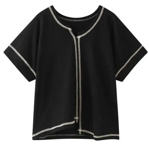 Load image into Gallery viewer, Women Black Line Stitch Irregular Big Size T-shirt New V-collar Short Sleeve  Fashion Tide  Spring Summer 2025 1X004
