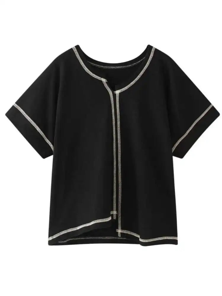 Women Black Line Stitch Irregular Big Size T-shirt New V-collar Short Sleeve  Fashion Tide  Spring Summer 2025 1X004
