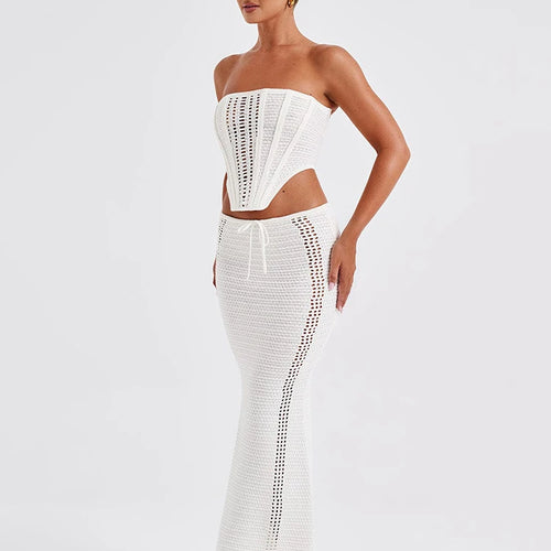 Load image into Gallery viewer, Elegant Knit Skirt Two Piece Sets Women Strapless Bandage Crop Tops And Maxi Skirt Femme Lace Up Sexy Ttwo Piece Sets
