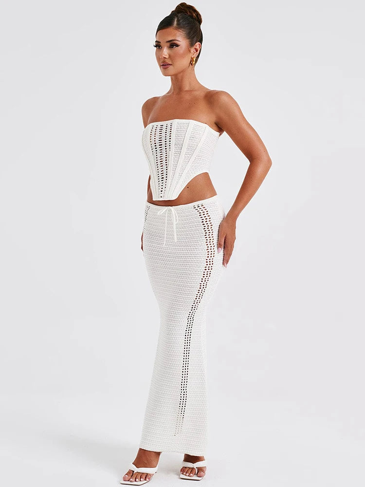 Elegant Knit Skirt Two Piece Sets Women Strapless Bandage Crop Tops And Maxi Skirt Femme Lace Up Sexy Ttwo Piece Sets
