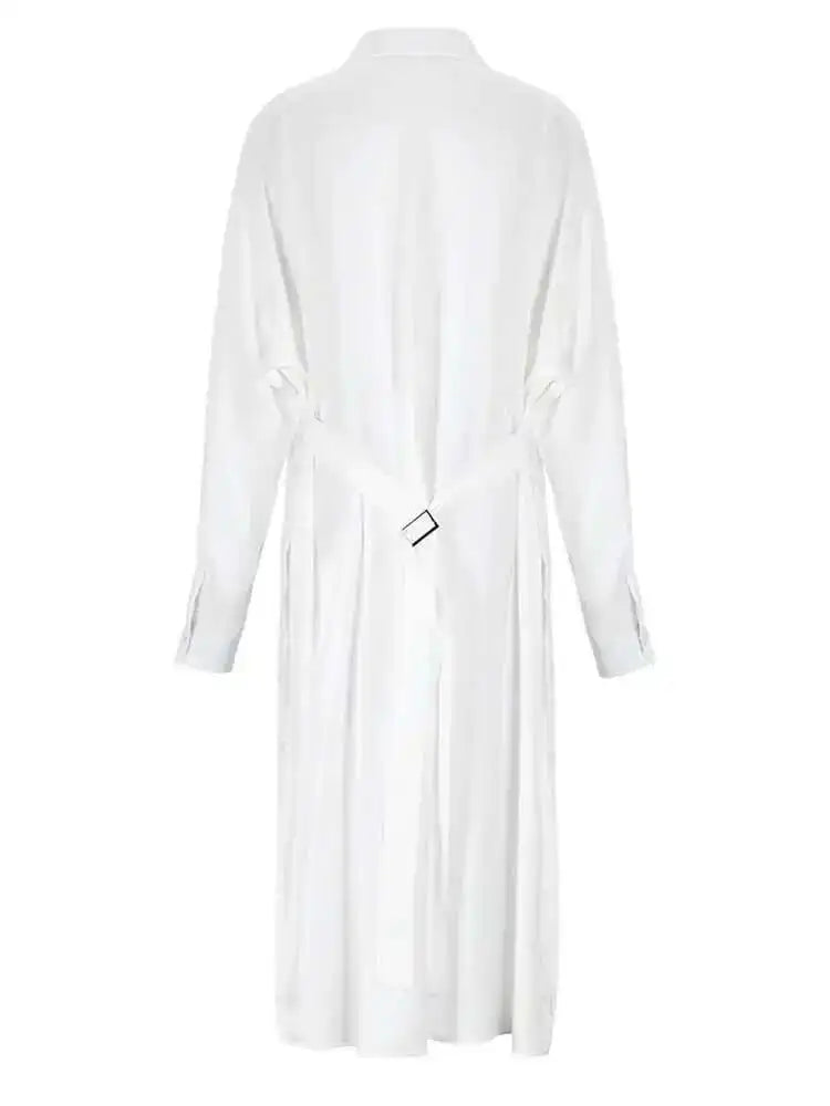 Women White Big Size Pleated Long Blouse New Lapel Long Sleeve Loose Fit Shirt Fashion Tide Spring Autumn 2025 CPG0522