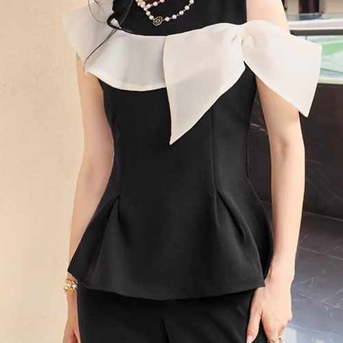 Load image into Gallery viewer, Hit Color Two Piece Set For Women O Neck Sleeveless Tunic Top High Waist Temperament Slim Pant Sets Female Fashion
