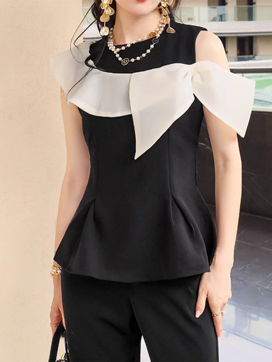 Hit Color Two Piece Set For Women O Neck Sleeveless Tunic Top High Waist Temperament Slim Pant Sets Female Fashion