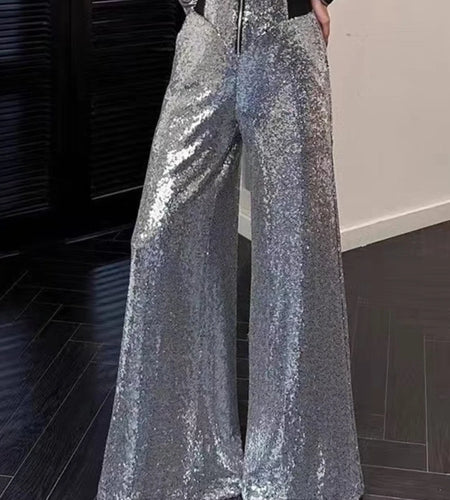 Slimming Spliced Sequins Fashion Long Pants for Women High Waist Patchwork Zipper Wide Leg Pant Female Clothing New
