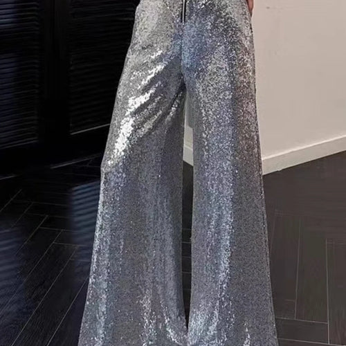 Load image into Gallery viewer, Slimming Spliced Sequins Fashion Long Pants for Women High Waist Patchwork Zipper Wide Leg Pant Female Clothing New
