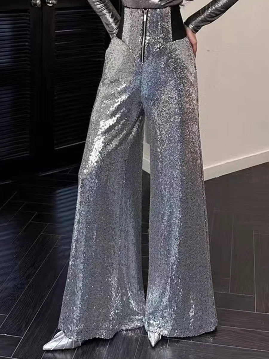 Slimming Spliced Sequins Fashion Long Pants for Women High Waist Patchwork Zipper Wide Leg Pant Female Clothing New