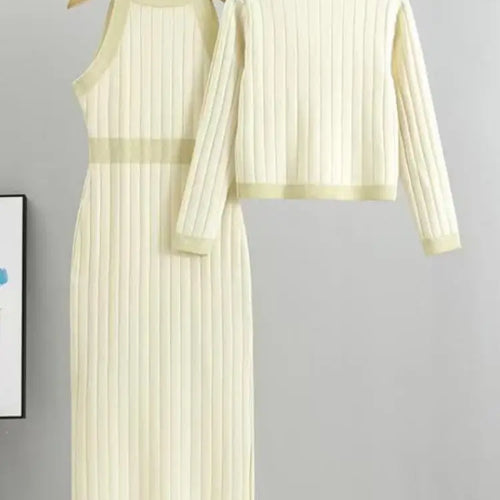 Load image into Gallery viewer, Korean Women's Two Pieces Suit 2024 Autumn Winter Patchwork Single Breasted Knit Tops And High Waist Sleeveless Vest Dresses Set
