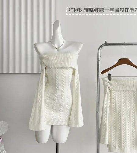 Autumn Winter Korean White Off Shoulder Slim Long Sleeve Twisted Short Dress Women Festival Backless Wrap Hip Knitted Dress Chic