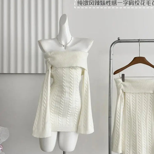 Load image into Gallery viewer, Autumn Winter Korean White Off Shoulder Slim Long Sleeve Twisted Short Dress Women Festival Backless Wrap Hip Knitted Dress Chic
