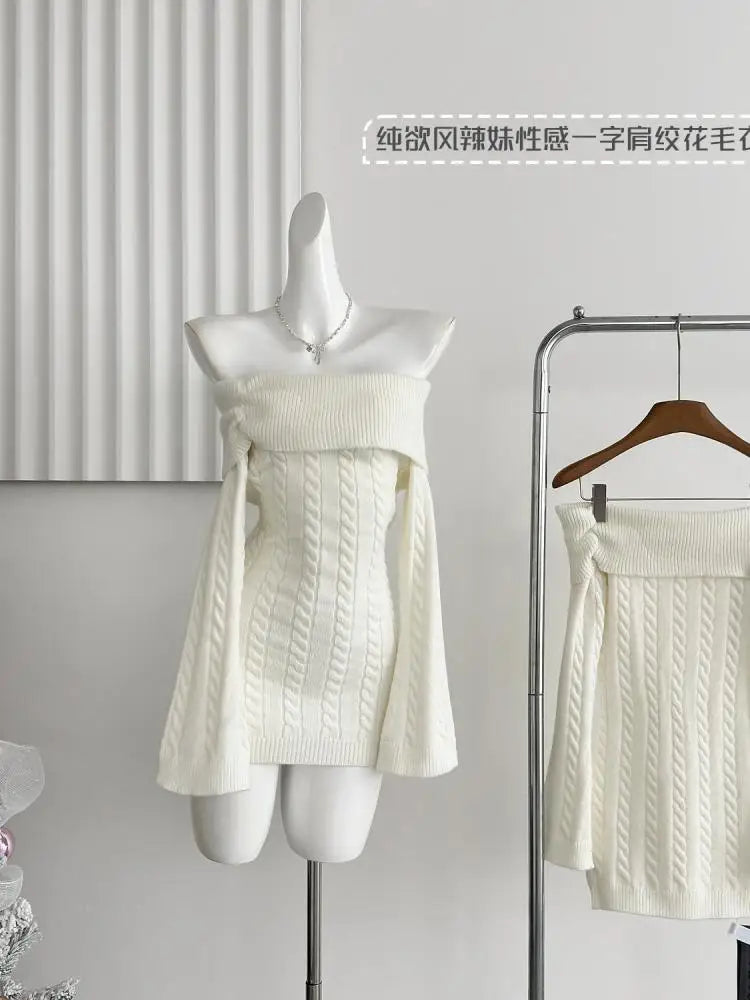 Autumn Winter Korean White Off Shoulder Slim Long Sleeve Twisted Short Dress Women Festival Backless Wrap Hip Knitted Dress Chic