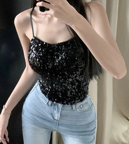Sequins Crop Tops Women Summer Clothes Glitter Sapghetti Strap Sleeveless Camisole Vest 2000s Clothing Club Streetwear