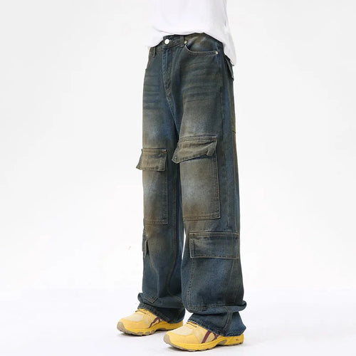 Load image into Gallery viewer, High Street Men&#39;s Denim Pants Loose Worn-out Washed Multi-pockets Straight Wide Leg Male Jeans Contrast Color Bottom 9C7029
