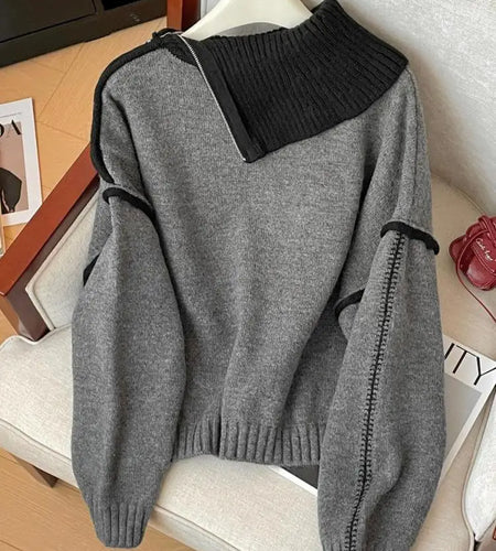 Korean Fashion Autumn Winter Grey Patchwork Elegant Long Sleeves Knit Sweater Women's Half Zipper Pullover Short Tops Streetwear