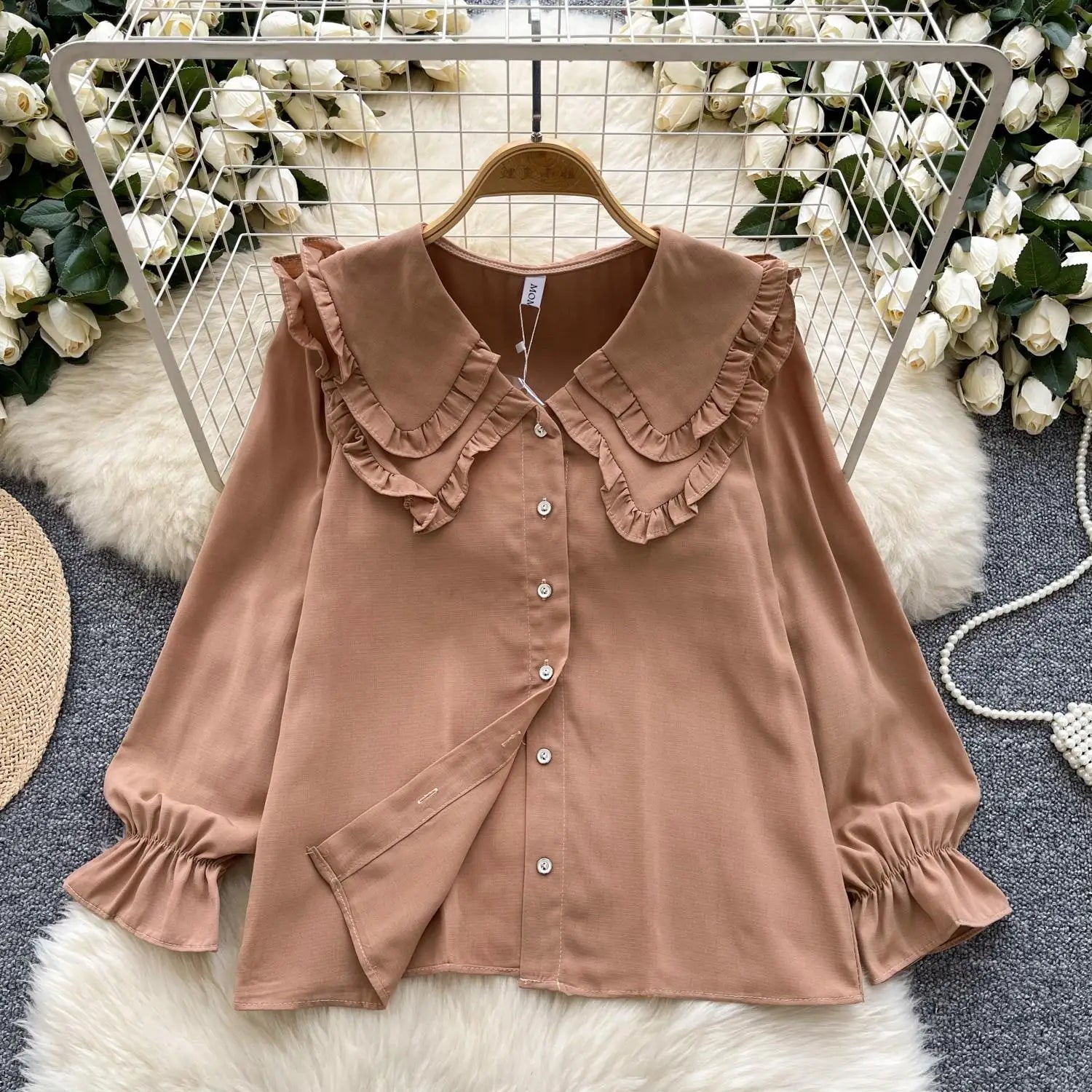 Autumn 2024 Vintage Women Sweet Solid Ruffles Shirts Fashion Ladies Long Sleeves Blouses Chic Single Breasted Tops Clothes Chic
