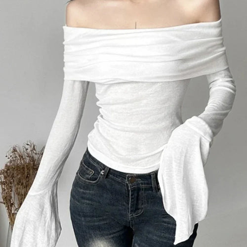 Load image into Gallery viewer, Y2k Aesthetic Women Translucence Tee Shirts Slash Neck Long Sleeve Solid Casual T-Shirts Vintage Off Shoulder Sexy Cute Tshirts
